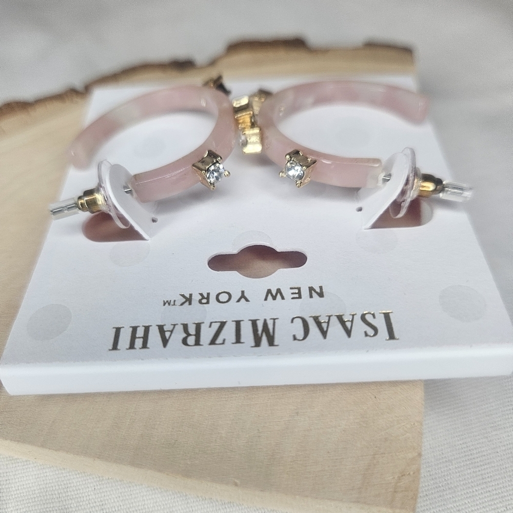 Isaac Mizrahi Rhinestone And Pink Cow Print Acrylic Hoop Earrings NWT Retail $40 - Picture 5 of 6
